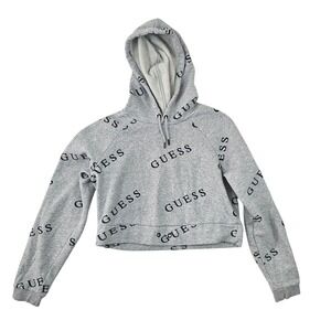 Guess Los Angeles Womens Small Gray All Over Logo Print Cropped Hoodie Sherpa
